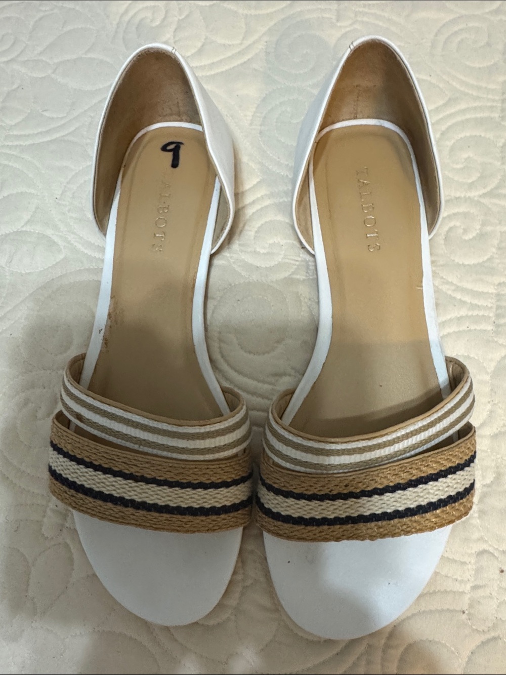 Talbots White Sandals with Tan and Navy Striped Band